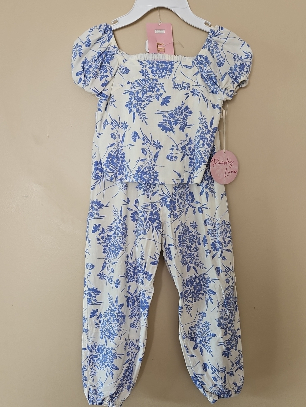 Girls White & Blue 2 Piece Pants Outfit